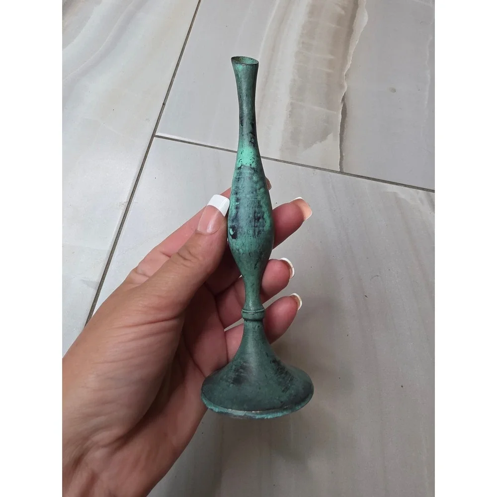 Vintage MCM Brutalist Miniature Bud Vase Green Verdigris Patina Metal 6.75 in A2